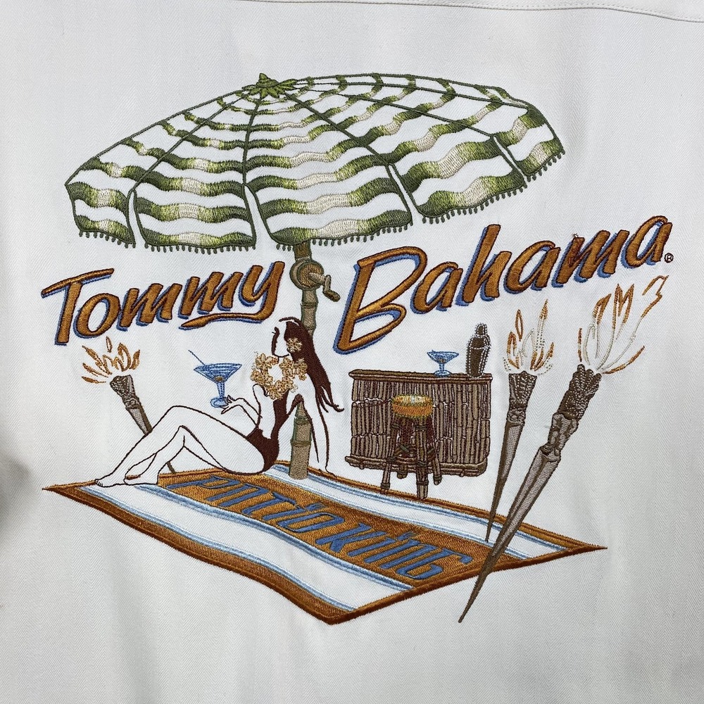 Tommy Bahama Shirt Mens Large White Silk Tiki Back Embroidered Woman ButtonFront